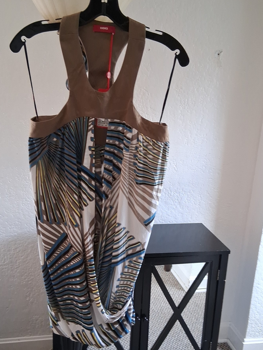 Sleeveless Printed Draped Dress in Tan and Blue